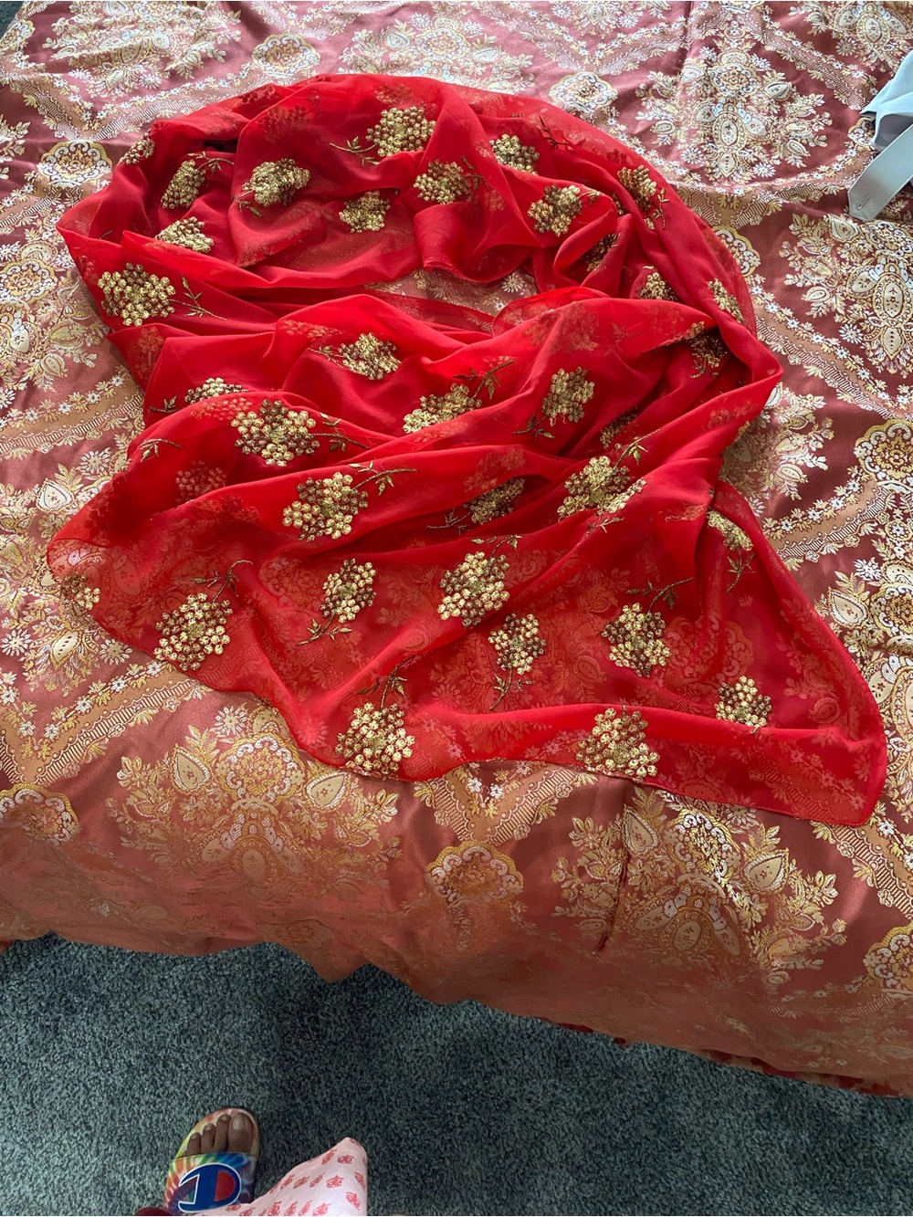 Red Floral Embroidered Sheer Scarf Wrap or dupata - Picture 4 of 8